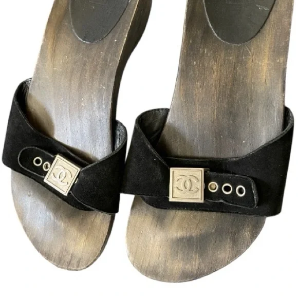 CHANEL Interlocking CC Logo Suede Slide Wood Clog Mule sandals 38 Black - Picture 7 of 8